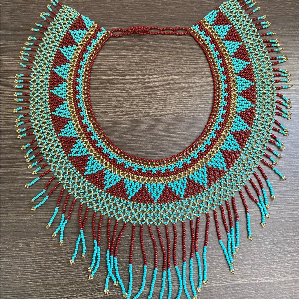 Handcrafted Turquoise And Burgundy Beaded Fringe Necklace - Women Jewelry